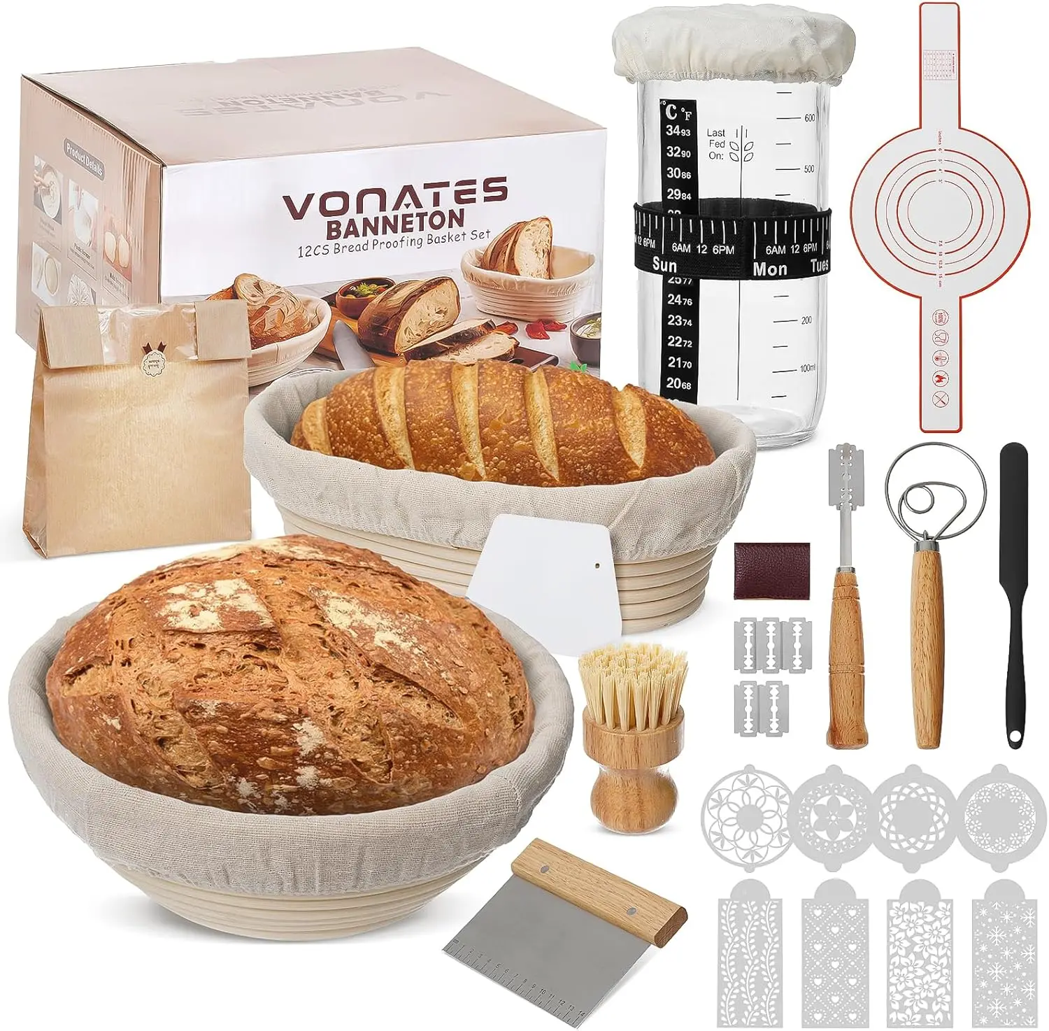 Sourdough Starter Kit, Banneton Bread Proofing Basket, 40oz Glass Sourdough Starter Jar, Sourdough Bread Baking Supplies, Sourdough Proofing Basket, Bread Making Tools (12PCS)