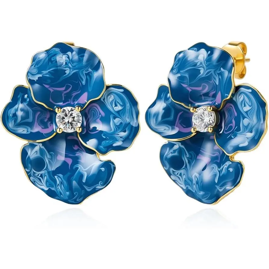 Cicy Bell Flower Earrings for Women 18k Gold Plated Iris Enamel Cubic Zirconia Spring Summer Boho Statement Stud Earrings Jewelry Gifts