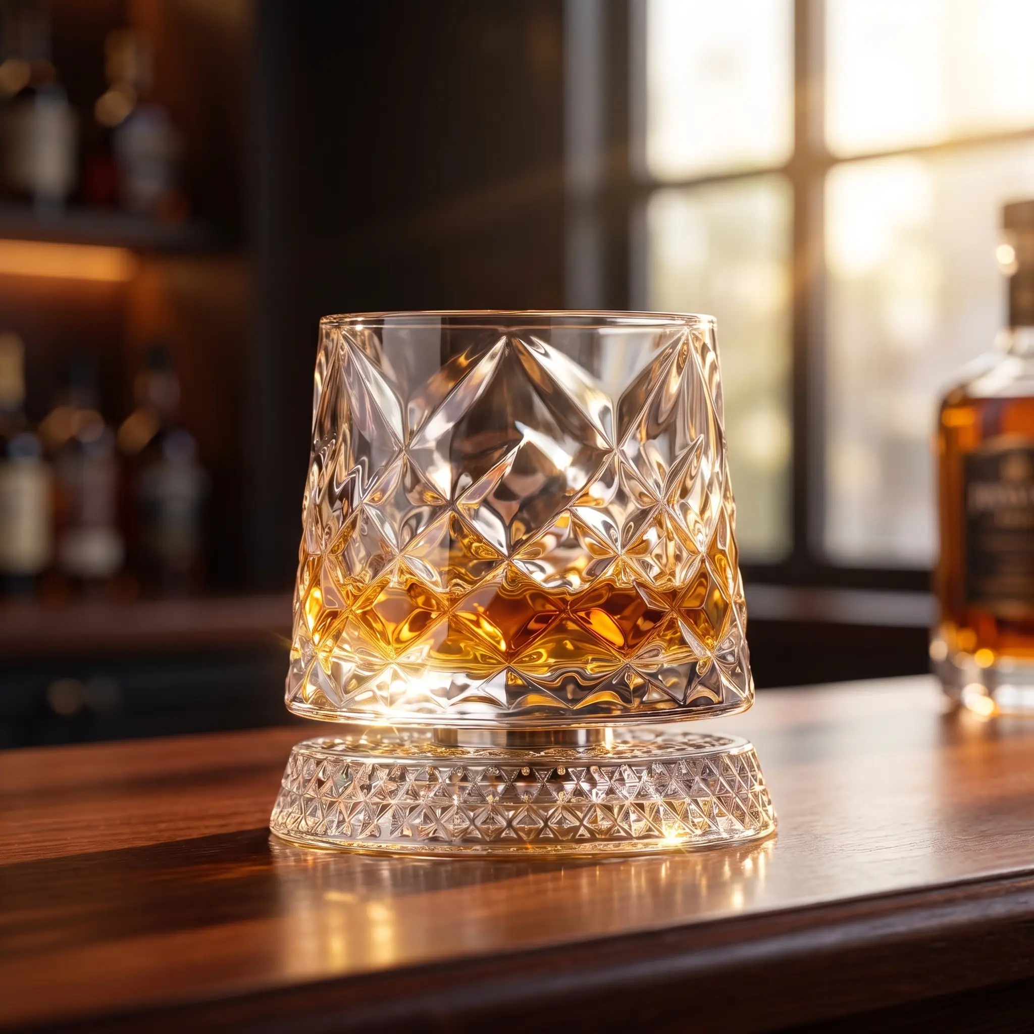 Luxury 360° Spinning Lead-Free Crystal Whiskey Glass, Smooth Rotating Cut Tumbler, Elegant European Barware, Stress Relief Rotatable Glass Cup for Whiskey, Cocktails & Spirits