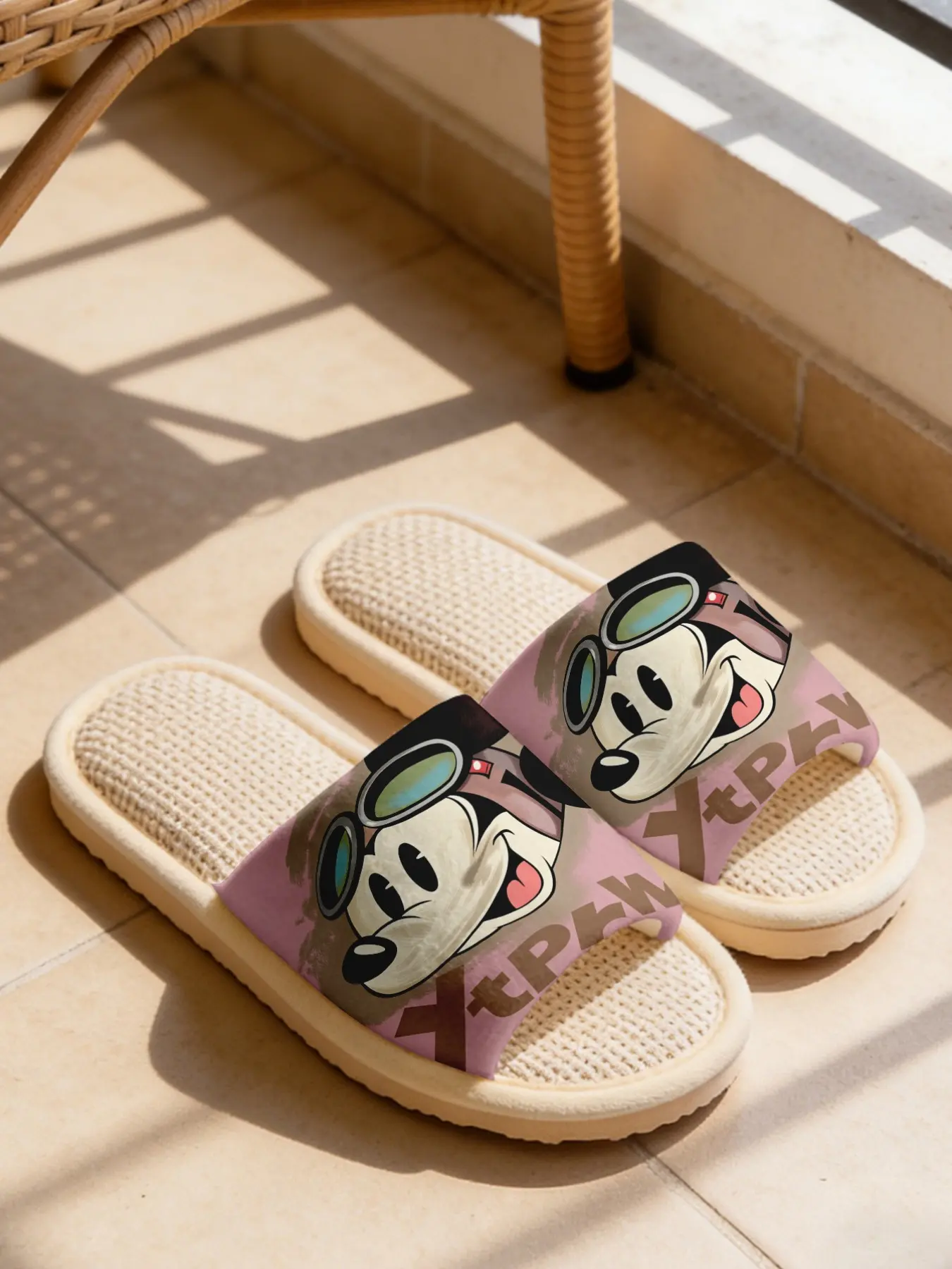 Women's Cartoon Mickey Linen Slippers, Trendy Print, Sweat-Wicking Breathable Non-Slip Silent, All-Season Home Shoes