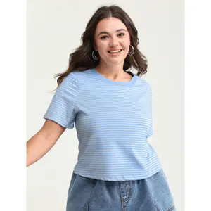 BLOOMCHIC Women's Plus Size Striped Ribbed Cotton Spandex Fitted Short-Sleeve Crew Neck T-Shirt Top Casual M-6X Blue Womenswear 2026 Summer Vibes Swimweek