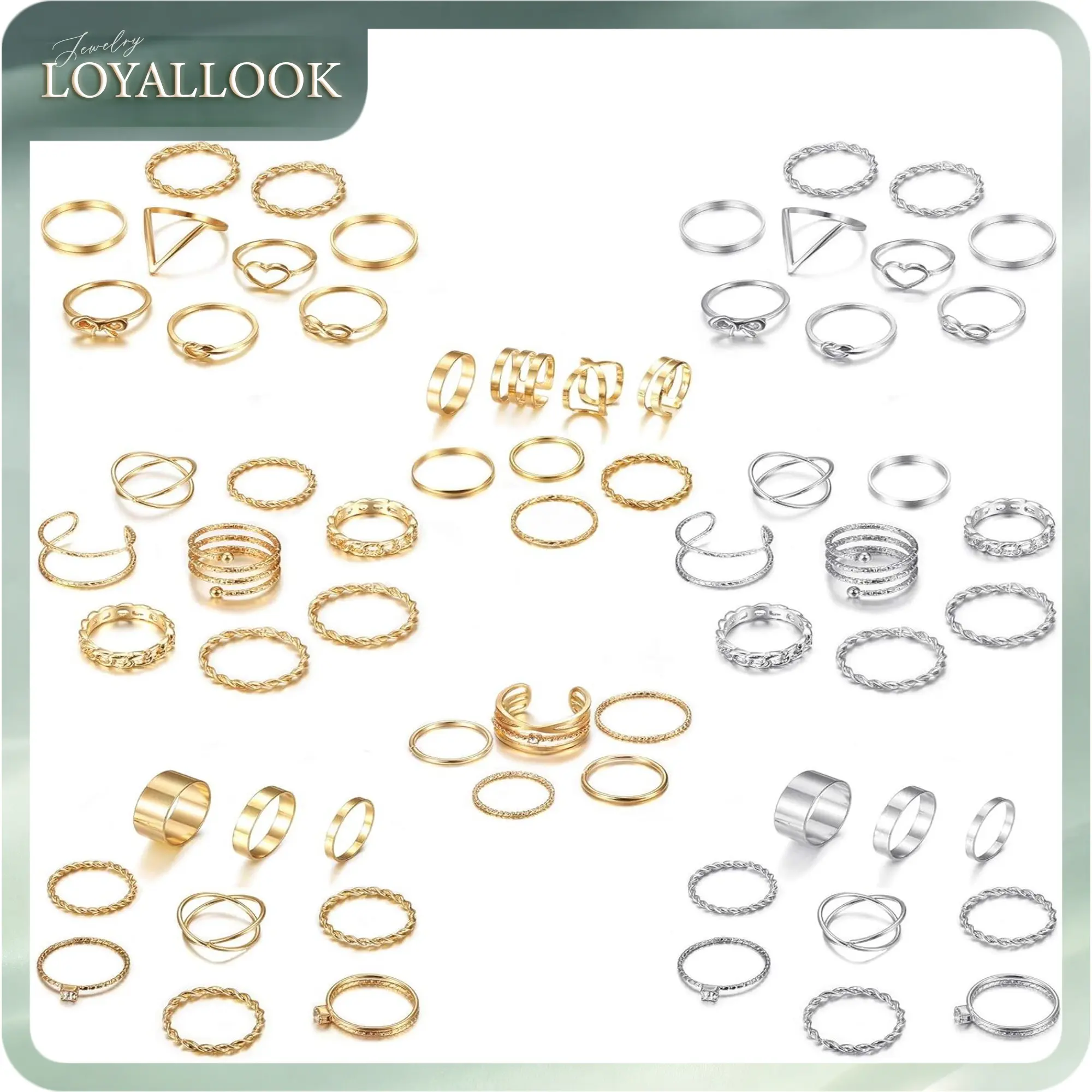 LOYALLOOK 65PCS Bohemian Knuckle Ring Midi Ring Set Hollow Silver Gold Vintage Stackable Rings Fashion Finger Knuckle Midi Rings for Women Jewelry