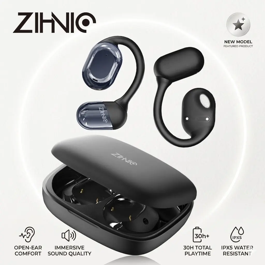 ZIHNIC Open Ear Waterproof Earbuds - OWS Bluetooth Wireless Headphones with Hi-Fi Sound, Deep Bass, Noise Cancellation, Sweatproof Design, In-Ear Comfort for Sports, All-Day Wear