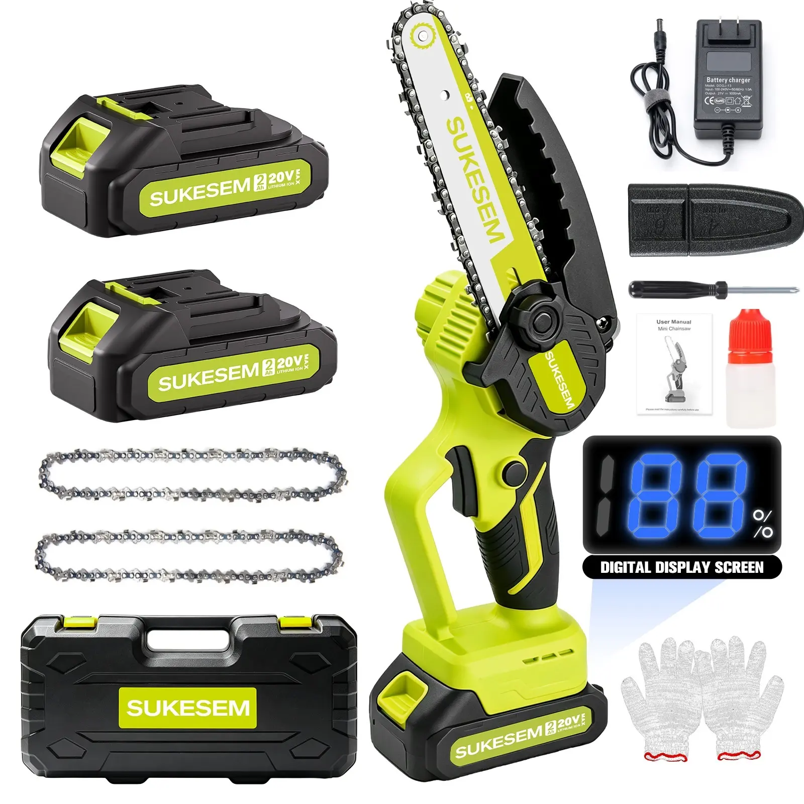 SUKESEM 6-Inch Mini Cordless Chainsaw, Handheld Portable Electric Chainsaw with Rechargeable Battery, Storage Box, for Tree Trimming, Wood Cutting