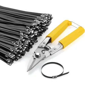 300 count Black 11.8 Inch Metal Zip Ties with Tie ,  Stainless Steel Suitable for Fixing Fences, Pipes, Outdoor