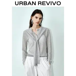 URBAN REVIVO Scarf-Detail Knitting Cardigan (UWJ950042) - 2025 Lady's Long-Sleeve Basic Solid Normal-Type Clothes, Elegant Versatile Casual Womenswear for OOTD