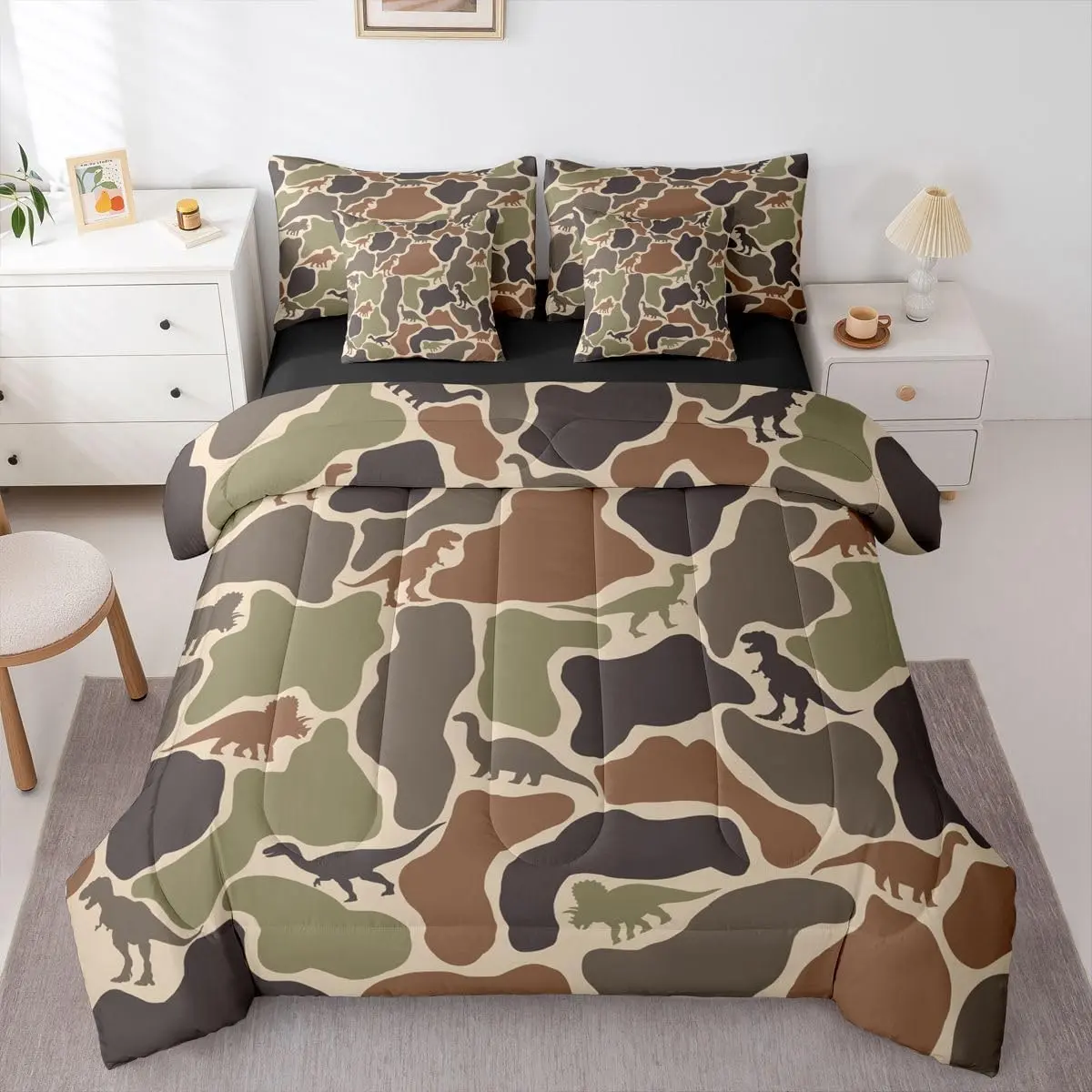 Camo 7 Piece Bedding Set Dinosaur Comforter Set with Sheets Camouflage Military Dino Bed in a Bag Army Green War Bed Sets Comforter
