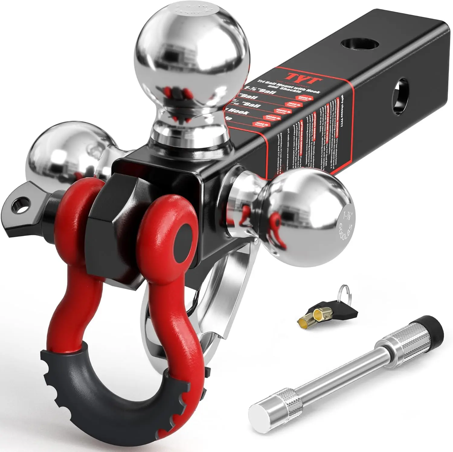 (abel Live Exclusive)TYT Tri Ball Trailer Hitch Mount 2" Receiver - 3-in-1 Towing System w/ 2-5/16" 2" 1-7/8" Hitch Balls, Locking Security Pin, Tow Hook & Clevis Shackle - Heavy Duty for Trucks, RV, Boat Trailers