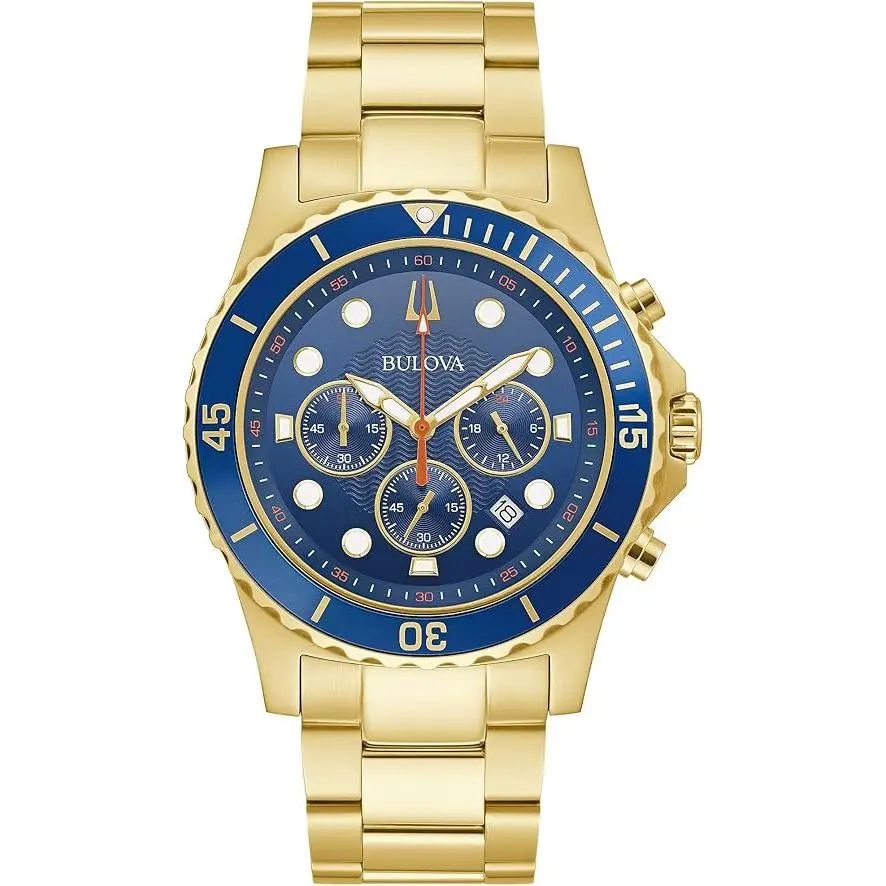 Bulova Marine Star Chronograph Quartz Mens Watch 98B377, Clasp, Date, Steel Strap