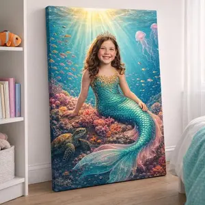Custom Mermaid Canvas Portrait, Personalized Child Photo Art, Dreamy Ocean Princess Wall Decor
