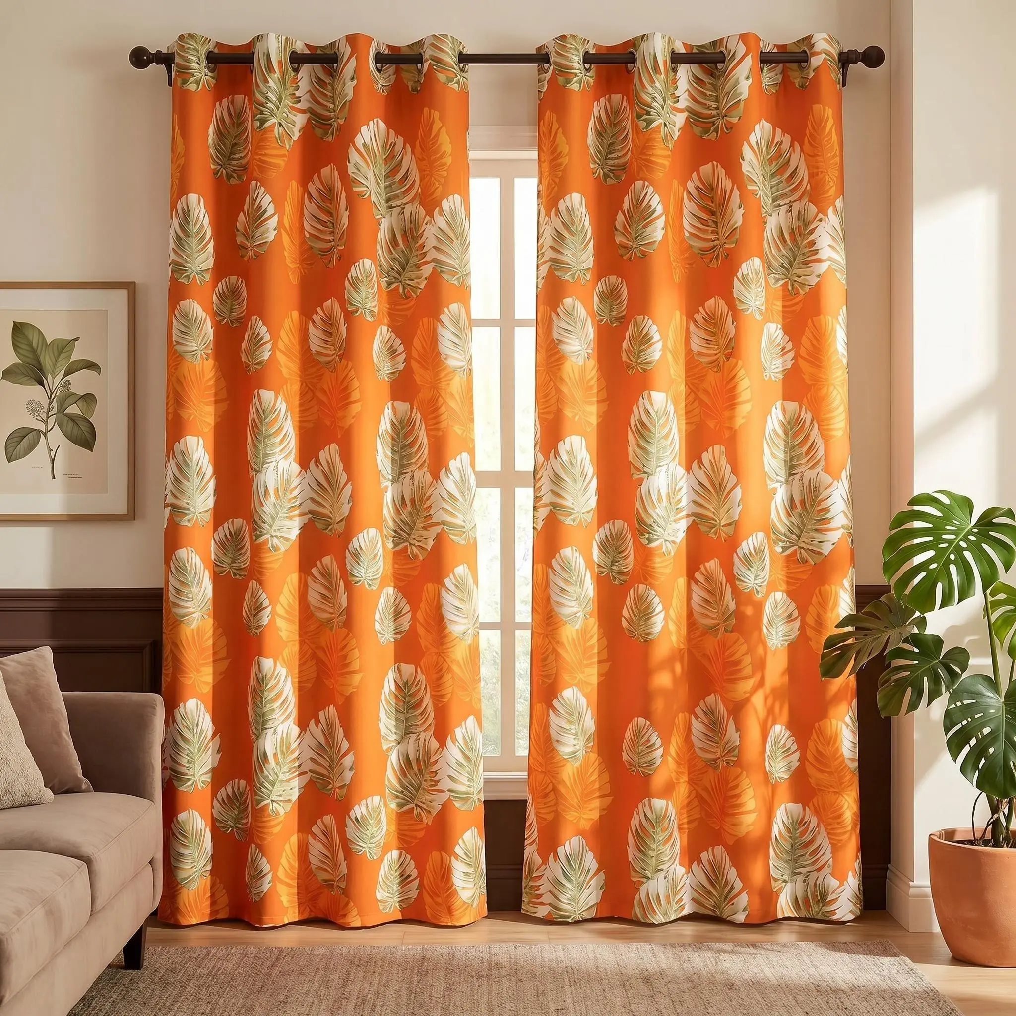 2 Pcs 52x84 in Printed Full Light-Blocking Grommet Curtains, Large Leaf Pattern Blackout Bedroom Curtains, Dark Easy-Install Window Drapes for Home Decor Living Room QF345, Luxury UV Protection, Dark Curtains Blackout