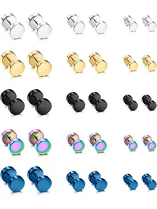 15 Pairs Stainless Steel Studs Earrings Men Women Round Fake Cheater Fake Gauges Screw Plugs Piercing Set Ear Tunnel Double Side Hypoallergenic, Stainless Steel