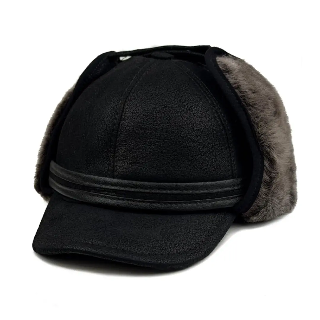 Mens Shearling Leather Trapper Hat – Aviator Winter Cap with Genuine Sheepskin Ear Flaps Russian Ushanka