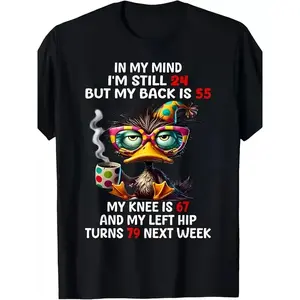 Duck in My Mind I'm Still 24 But My Back Is 55 Funny Saying T-Shirt Men's Soft Breathable Cotton Shirt - Black Crew Neck Casual Wear, Humor Clothing, Personality T-shirt, Comfortable Material, Short Sleeve Top