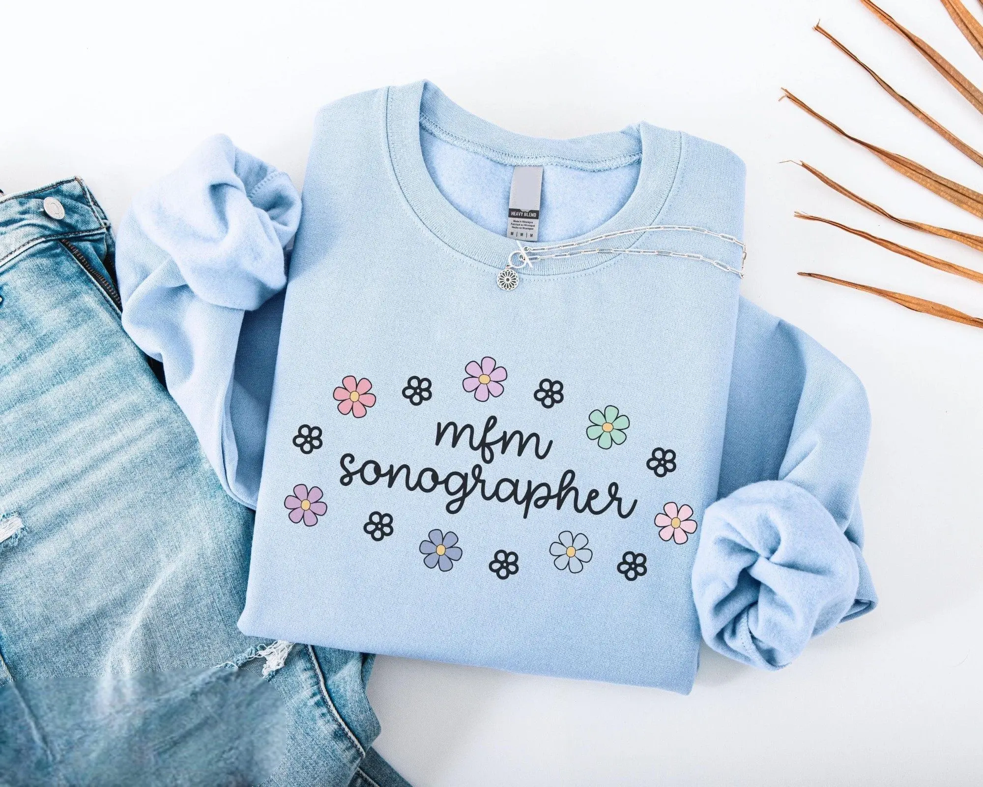 Women's Soft Cotton Fleece MFM Sonographer Round Neck T-Shirt - Casual Style, Bow Back, Graphic, G5000, Breathable, Non-Iron, Floral Daisy Gift for Ultrasound Tech (Valentine's Day, Easter)