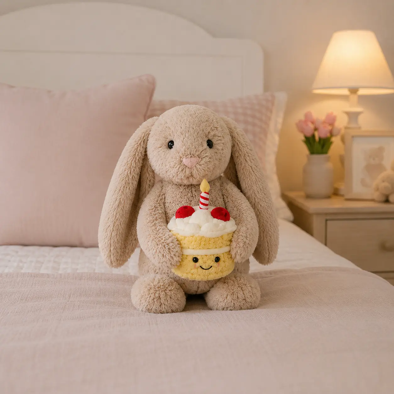 Original Jellycat Bashful Bunny Holding Birthday Cake – Ultra Soft Rabbit Plush, Adorable Birthday Gift for Kids & Adults