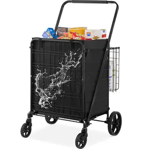 【fathersdaygift】VEVOR Folding Shopping Cart with Removable Waterproof Liner, 330LBS Large Capacity Jumbo Grocery Cart with Dual Basket, 360° Swivel Wheels, Dense Metal Mesh Base, Heavy Duty Utility Cart for Shopping