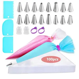 100-Piece Disposable Piping Bags Set with 16 Stainless Steel Tips, 3 Scrapers & Couplers - Ultimate All-in-One Cake Decorating Kit for Home Bakeries and Pros