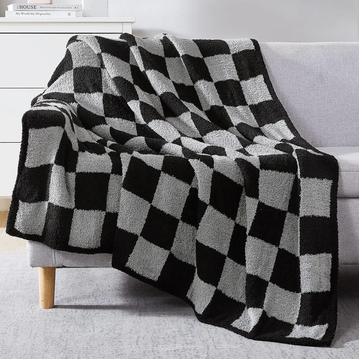 Handmade Checkered Fluffy Warm Weave Throw Blanket - Black, White & Grey, Wrinkle Resistant, Breathable, Durable, Fade Resistant, Lightweight, Machine Washable, 50*70 in, for Couch, Living Room