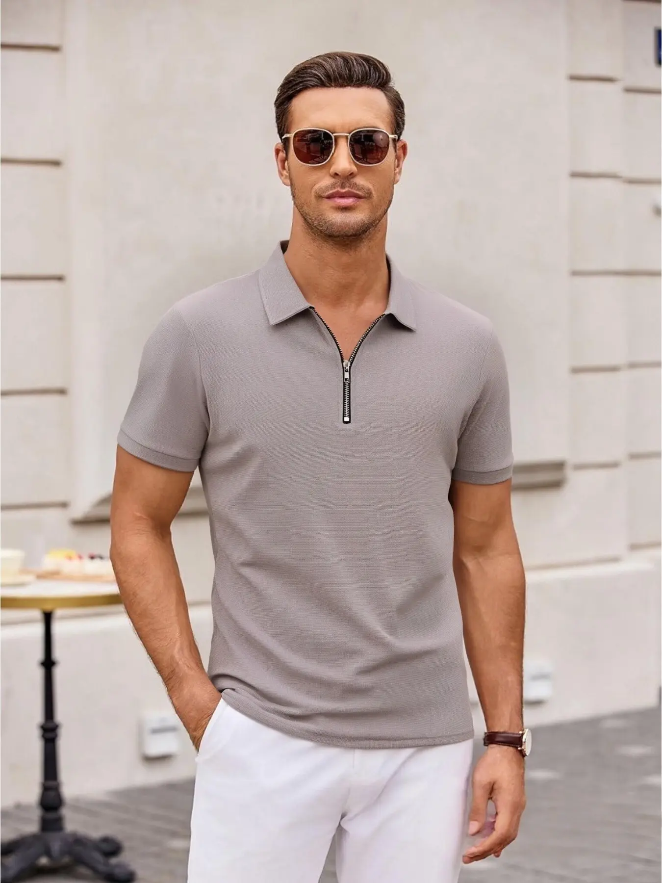 This new style of men's polo shirt is simple, neat, trendy, Plain, Top, with a half-zip and lapel design, classic, comfortable and skin-friendly, suitable for daily commuting and casual gatherings