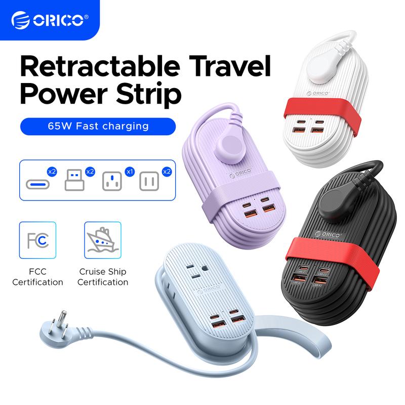 ORICO 65W Fast Charging 7-in-1 Cruise Ship Approved Travel Power Strip, Ultra Compact Portable Power Hub with Winding Cord & Storage Strap, 3 AC + 4 USB Ports, Tangle-Free for Cruise Trips, Hotels & Dorms-TK