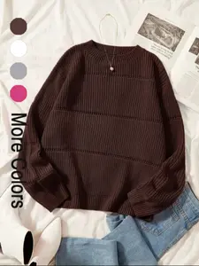 Women's Minimalist Plain Textured Round Neck Sweater, Comfy Clothes for Women, Casual Basic Comfort Drop Shoulder Long Sleeve Jumper for Fall, Ladies Knitwear for Daily Wear, Womenswear, Knit Pullover Tops