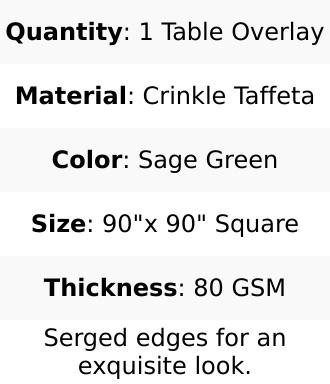 Taffeta 90"x90" Table Overlay Square Tablecloth Sage Green - Accordion Crinkle Table Cover