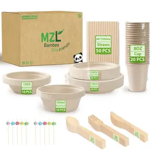 200pcs  MZLBAMBOO Disposable Paper Set  Cutlery Utensils, Bamboo Plates Bowls Forks Knives Spoons Cups Straws Fruit Sticks for Wedding Party Picnic