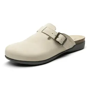 Athlefit Genuine Leather Clogs for Women Soft Cork Footbed Adjustable Buckle Mules Slip On Potato Shoes with Arch Support