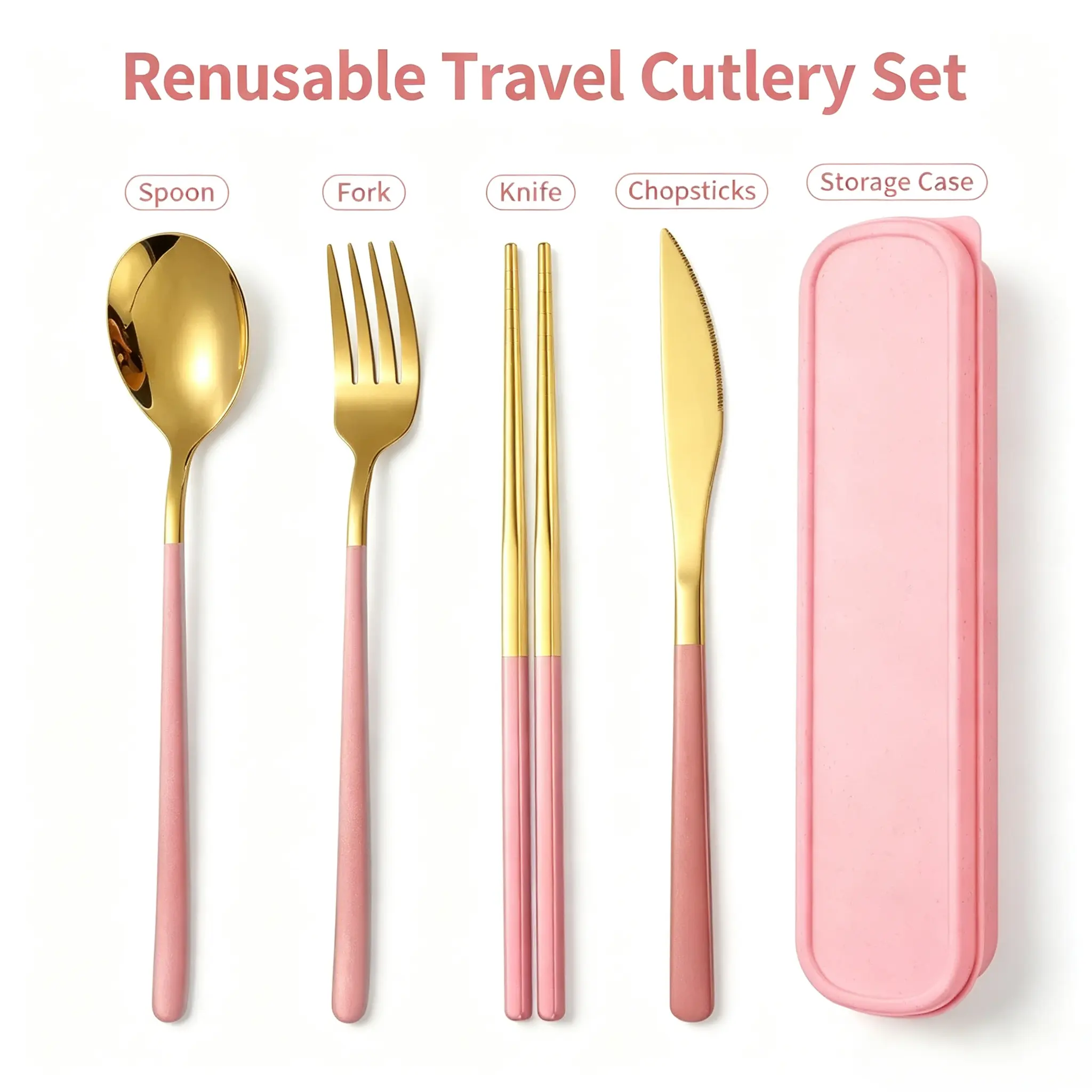 Portable Stainless Steel Cutlery Set, 4-in-1 Reusable Spoon Fork Knife Chopsticks with Storage Case, Stylish Rose Gold Pink Flatware, Eco-Friendly Travel Camping School Lunch Utensils, Dishwasher Safe