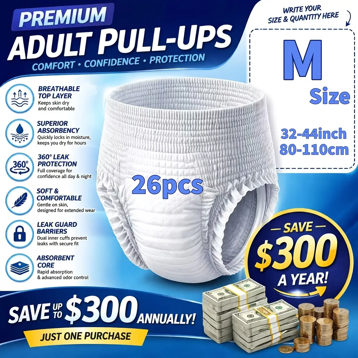 Adult Pull Ups Incontinence Underwear & Adult Diapers for Women & Men, Super Absorbent Leakproof Overnight Protection, Soft & Breathable, Bulk Pack for Elderly Care & Nursing Homes, 60-70% Cheaper Than Leading Brands, Save $300/Year
