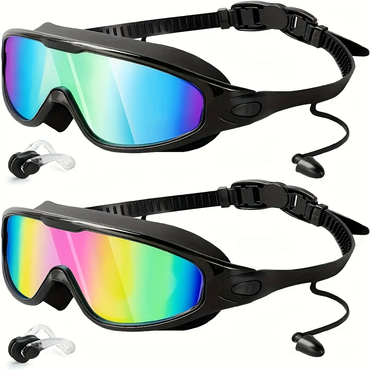 2-Pack Adult Anti-Fog Swimming Goggles, with UV Protection & Leak-Proof Design, Wide Angle Lens, Comfortable and Adjustable Headband, with Earplugs and Nasal Splint, Suitable for Swimming, Water Fitness, Swimming Pool, Clear Vision Lens