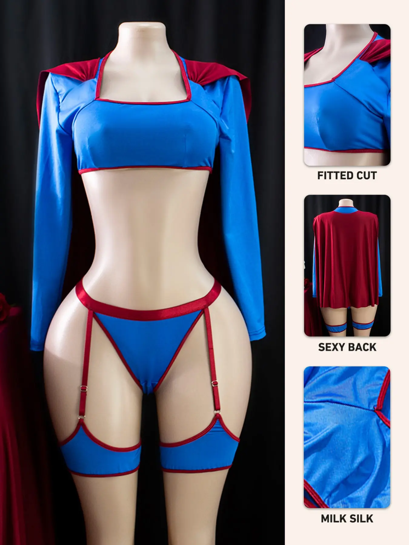 Women's Superman Cosplay Costume Set (long Sleeve Top + Thong Panties + Cape), Silk Fabric, Stretchy and Comfortable, Perfect for Parties, Underwear