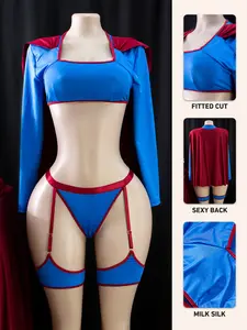 Women's Superman Cosplay Costume Set (long Sleeve Top + Thong Panties + Cape), Silk Fabric, Stretchy and Comfortable, Perfect for Parties