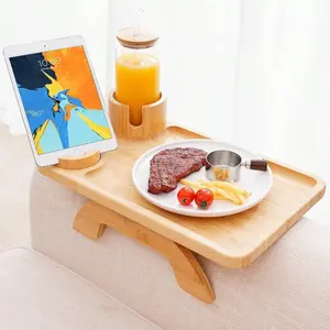 Bamboo Hardwood Sofa Armrest Tray & Phone Holder Foldable Arm Table With Cup/Gadget Holder, No Assembly Required, Lightweight Sturdy Side Stand For Bed, Couch, Armchair Compatible With Smartphones & Tablets