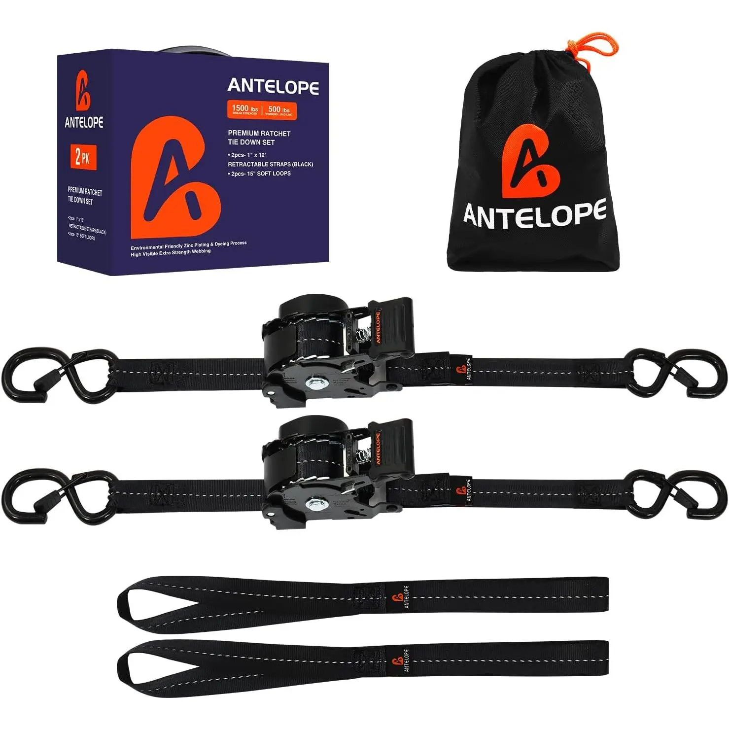 Retractable Ratchet Straps (2PK) - 1 in x 12 ft Automaitc Ratchet Straps with Soft Loops, 1500lb Break Strength Self Retracting Strap for Motorcycle, Truck, Cargo, Trailer, ATVs, UTVs -Black