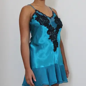 1990s Teal Satin Lace Slip Lingerie Womenswear