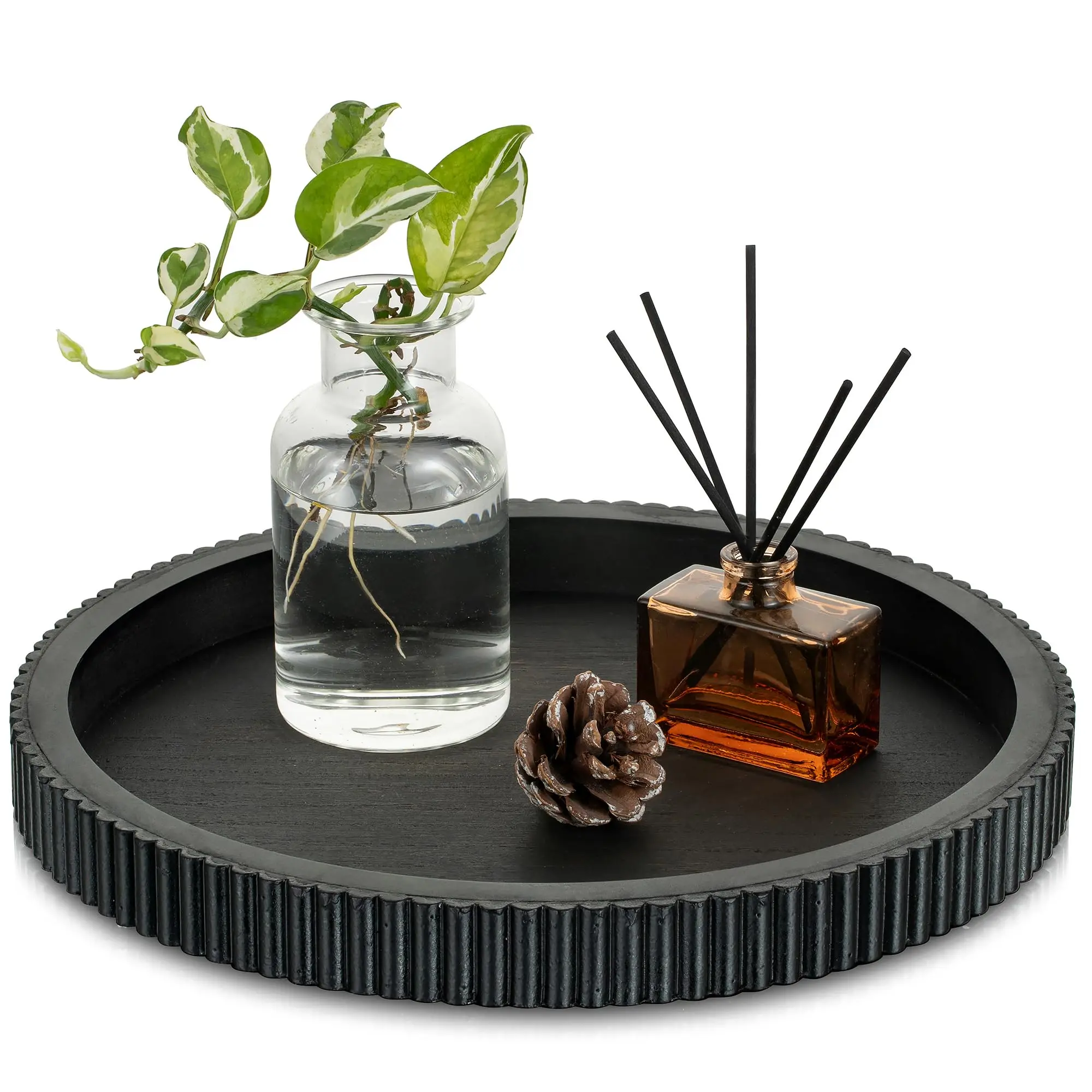 Minimalist Round Wooden Decorative Tray - Durable, Stylish, Classic Black Organiser for Coffee Table, Bathroom Vanity, Kitchen Counter & Home Supplies, Aesthetic Home Decor