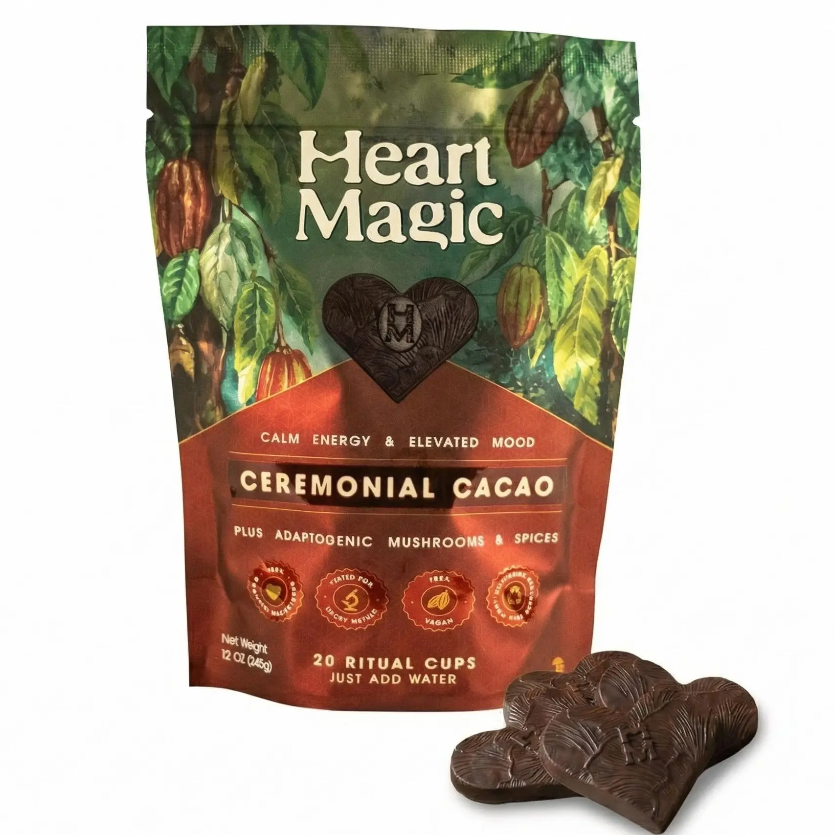 Heart Magic Ceremonial Cacao Chocolate Drink with Adaptogenic Mushrooms - Natural, Rich Chocolate, Single Serve Beverage