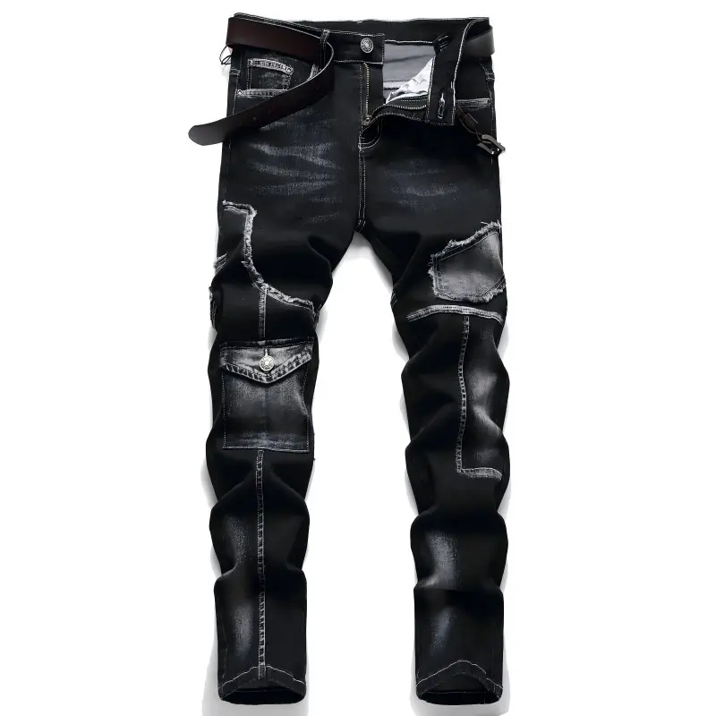 Men's Biker Jeans - Fashion Riding Jeans, Biker Style Slim Fit Straight Full Length Elastic Waist Washed Denim Pants, Retro Vintage Black Plain Menswear, Streetwear Vibe, Ideal for T-Shirts or Jackets