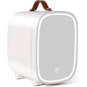 Mini Fridge for Bedroom, 4 Liter/6 Can Skincare Fridge With LED Mirror & Leather Carrying Handle,12v  Cooler & Warmer Portable Small Refrigerator for Drinks, Makeup, Dorm, Office and (White)
