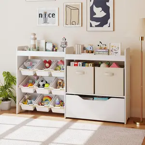 Kids Toy Storage Organizer 4-Tier with 2 Open Cubbies 9 Box Bins 2 Storage Bins Removable Drawer Hidden Wheels for Ages 3-12 Perfect for Kids Room Playroom Classroom