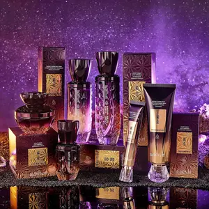 Premium purple-gold suspended skincare 6pcs kit. Complete daily facial care items. Moisturize and firm skin effectively. Ideal exquisite gift and daily skin care essentials.