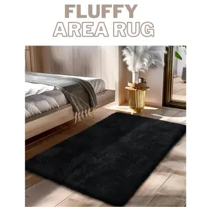 Fluffy Rug Shaggy Area Rug, Black 2x4 Area Rugs for Bedroom, Small Bedside Rug, Soft Fluffy Shaggy Entryway Throw Rugs for Living Room Bedroom Kids Room Home Decor