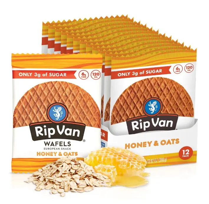 Rip Van Wafels Honey and Oats Stroopwafels, Healthy Snacks, Non-GMO, Keto Friendly, Office Snacks, Low Sugar (3g), Low Calorie, 12 Pack