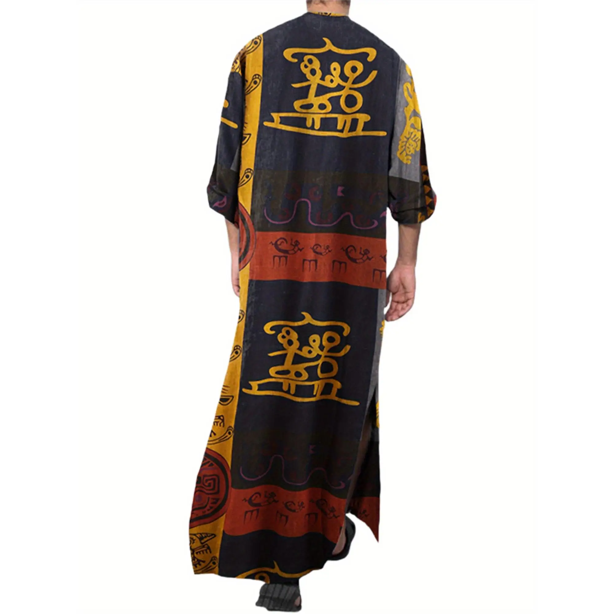 [Letter Print Thobe] Long Sleeve Letter Print Men's Muslim Thobe Kaftan Robe Arab Wear Button Pocket