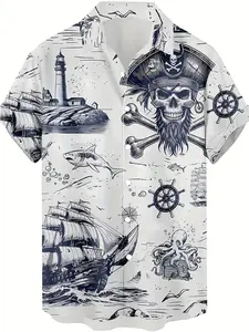 Teen Vintage Pirate Skull Hawaiian Short Sleeve Shirt