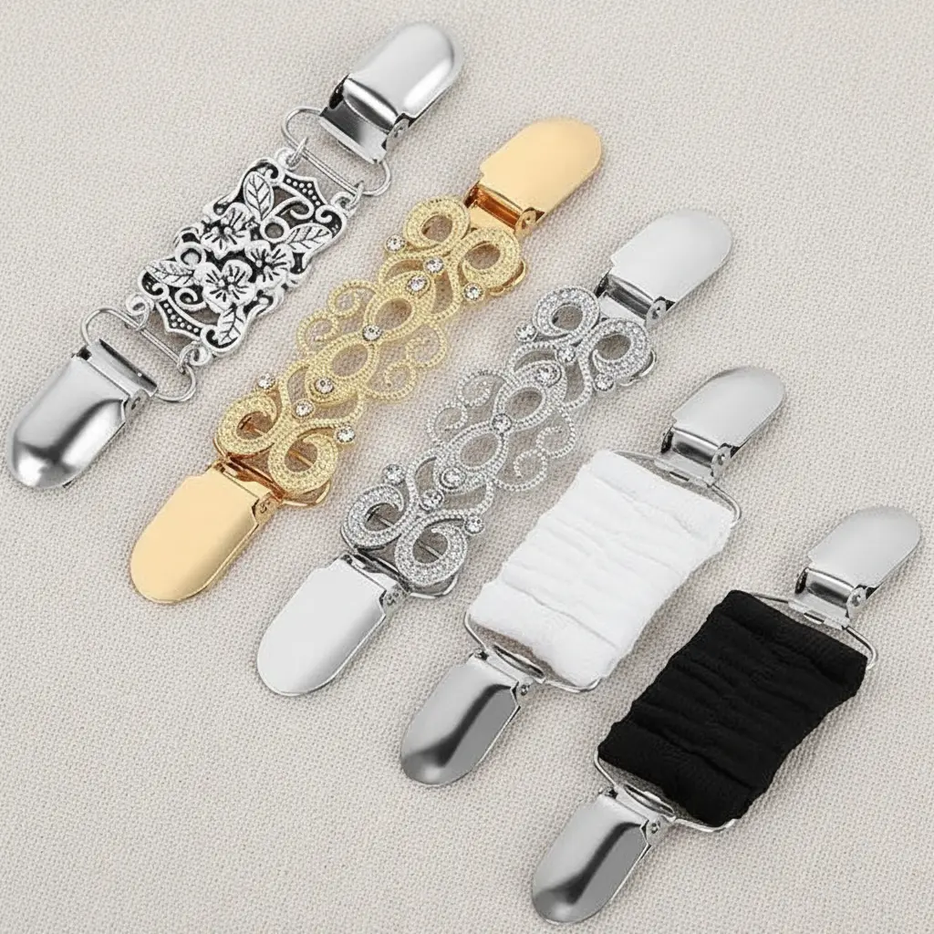 5-Pack Retro Dress Clips for Women, Vintage Rhinestone Pin Clip, Elastic Sweater Cinch & Stylish Cardigan Accessories, Stylish Accessories