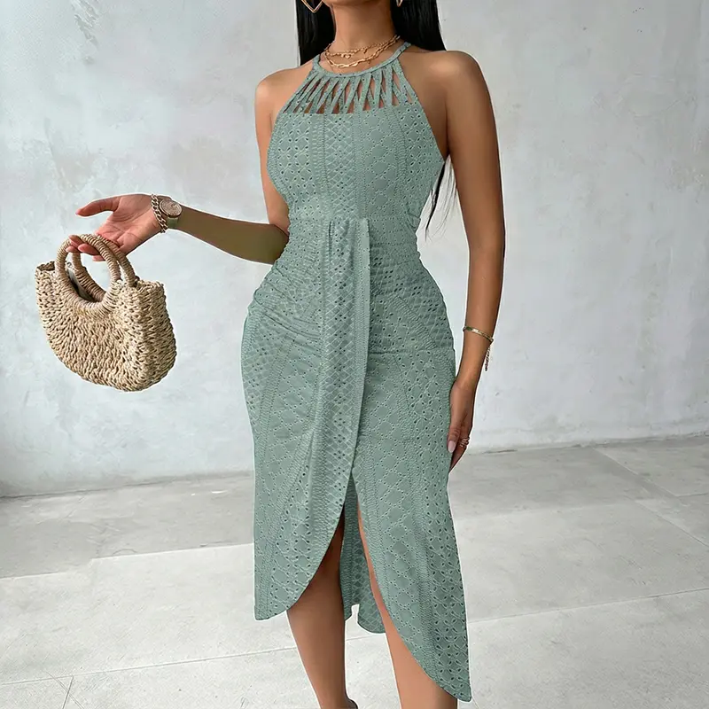 ChicMe Women's Sage Green Maxi Dress Halter Neck Ruched Knit Slit Dress/Summer  Dress Casual Hollow-out Draped Vacation Look Fit Soft - TikTok Shop