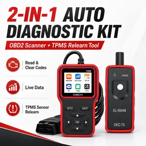 2-in-1 Automotive Diagnostic Kit, V500 OBD2 Scanner Code Reader & EL-50448 TPMS Relearn Tool, Read/Clear Engine Codes, Live Data, DTC Lookup, I/M Readiness, Battery Voltage, Tire Sensor Activation Tool